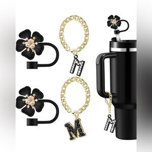 Elegant Black and Gold Flower Cup Holder with Charm Straw Covers for Stanley